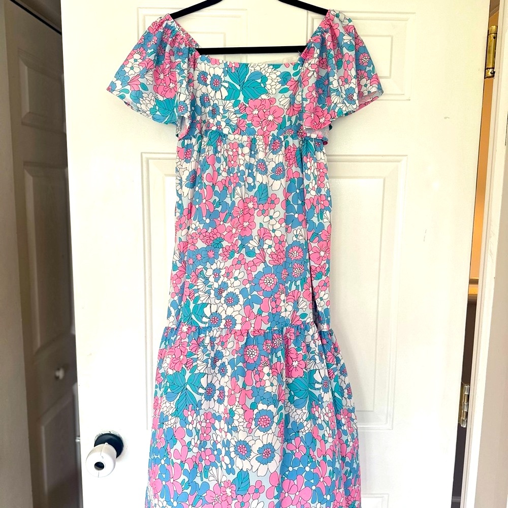 Sunday Pink and Blue Maxi Sundress with Flutter Sleeves